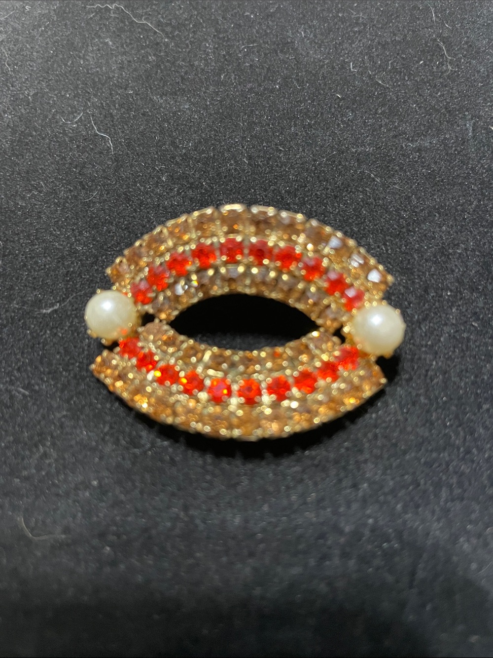 Vintage Gold-Tone Red Crystal Brooch with Pearls.  8/30/6